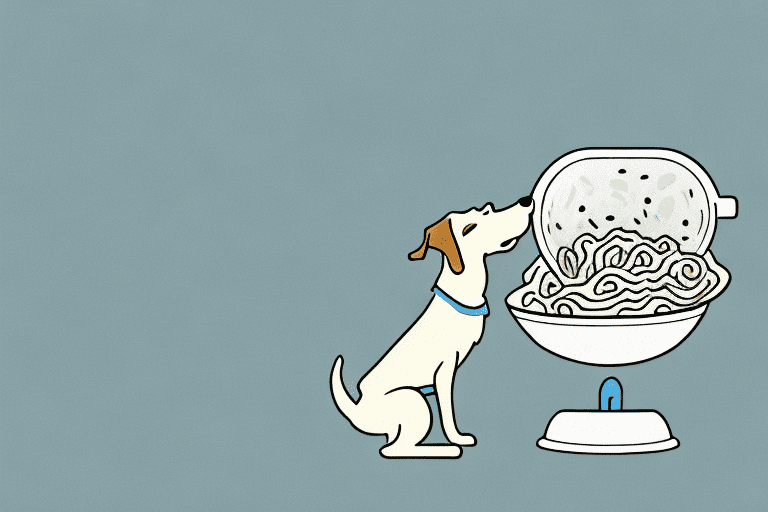 A curious dog sniffing at a bowl filled with uncooked pasta on a kitchen counter