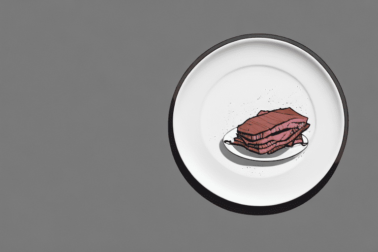 A curious dog sitting in front of a plate with smoked meat on it