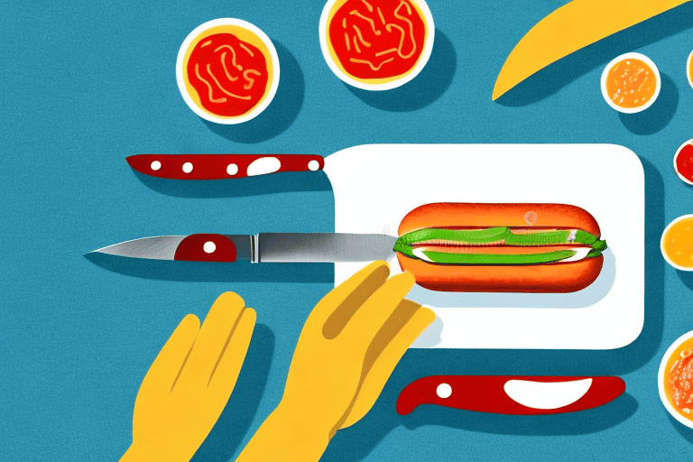 A raw hot dog on a cutting board with a knife beside it