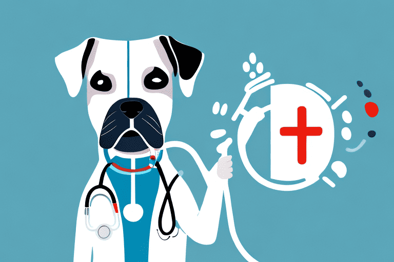 A concerned dog in heat with a medical cross symbol