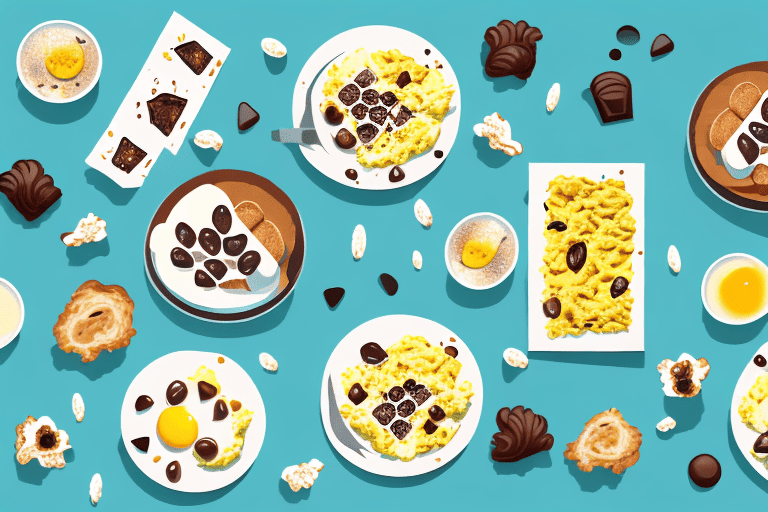 Several dogs happily eating various breakfast foods such as scrambled eggs