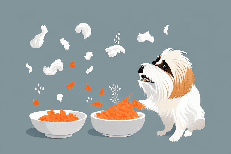 A pekingese dog happily munching on a variety of dog-friendly foods