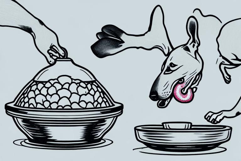 A curious dog looking at a raw turkey neck placed in a dog bowl