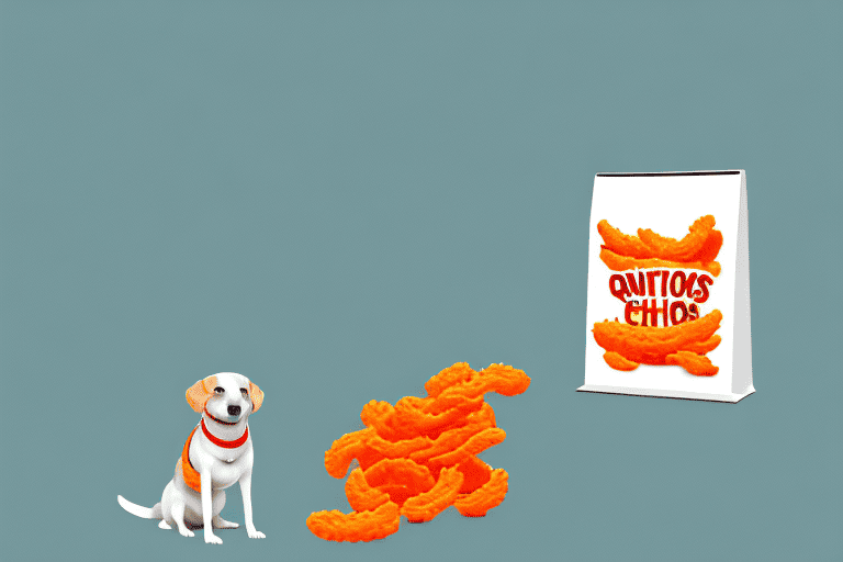 A curious dog sitting in front of a bag of hot cheetos