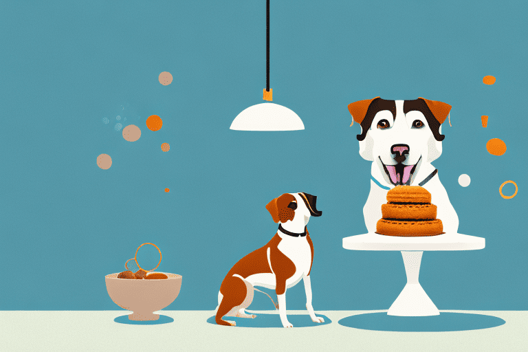 A curious dog sitting in front of a fish cake on a table