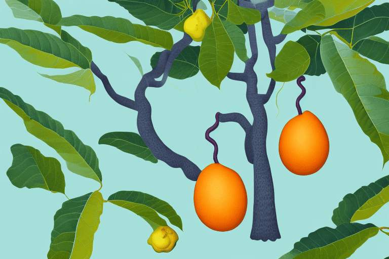 A curious dog sniffing a loquat tree with ripe fruits hanging from it