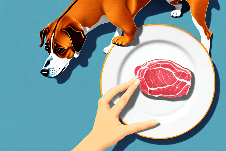 A dog looking curiously at a piece of spoiled meat on a plate