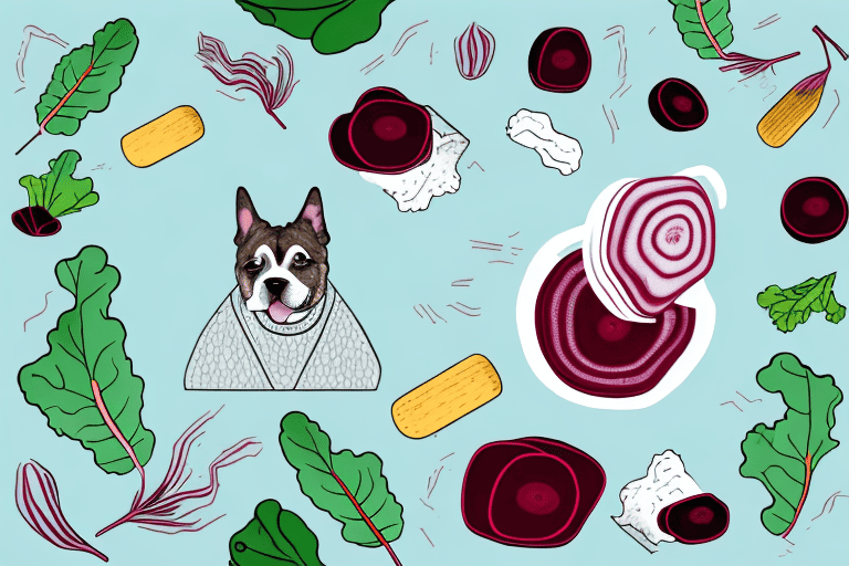 A curious dog sniffing a bunch of beet greens on a kitchen counter