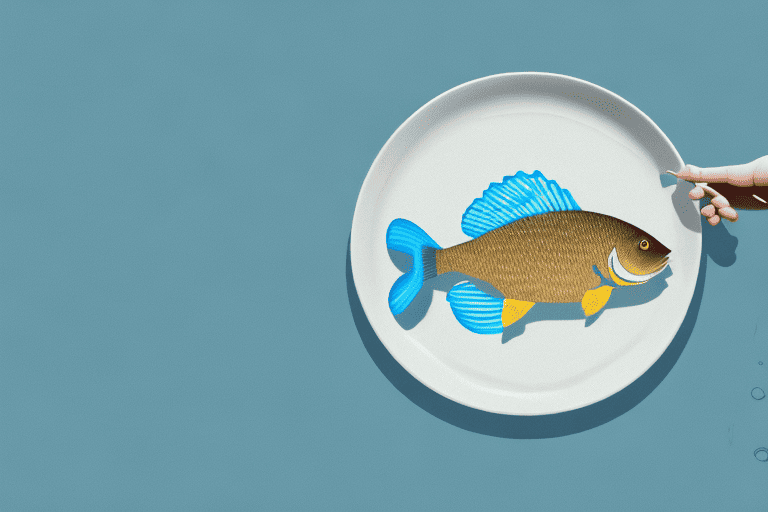 A curious dog looking at a bluegill fish on a plate