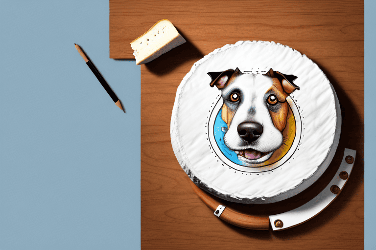 A curious dog sniffing a wheel of brie cheese on a wooden table