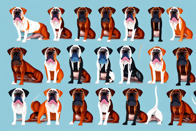 Several different types of boxer dogs in various poses and colors