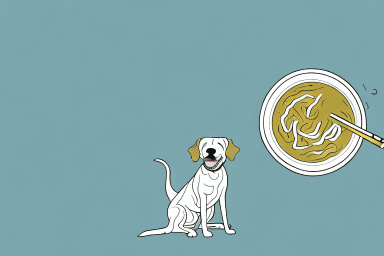A curious dog sitting next to a bowl of campbell's chicken noodle soup