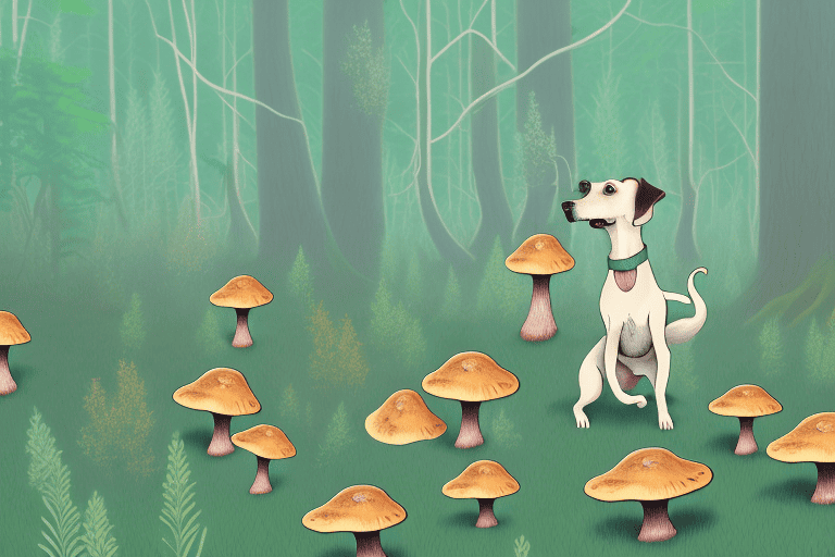 A curious dog sniffing a cluster of chanterelle mushrooms in a woodland setting