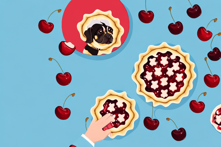 A curious dog looking at a cherry pie sitting on a table