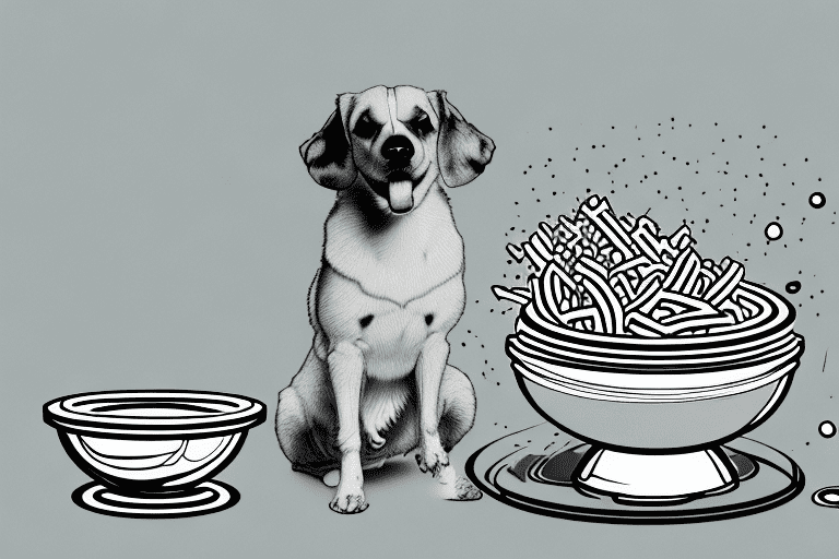 A curious dog sitting in front of a bowl filled with chicken strips