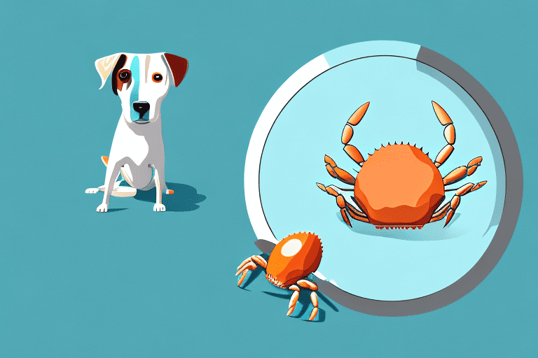A curious dog looking at a crab with its shell intact on a plate
