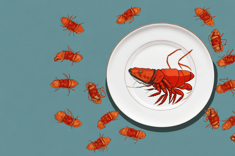 A curious dog sitting in front of a plate with a crawfish on it