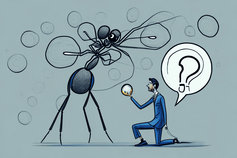 A curious dog looking at a daddy long legs spider with a thought bubble containing a question mark