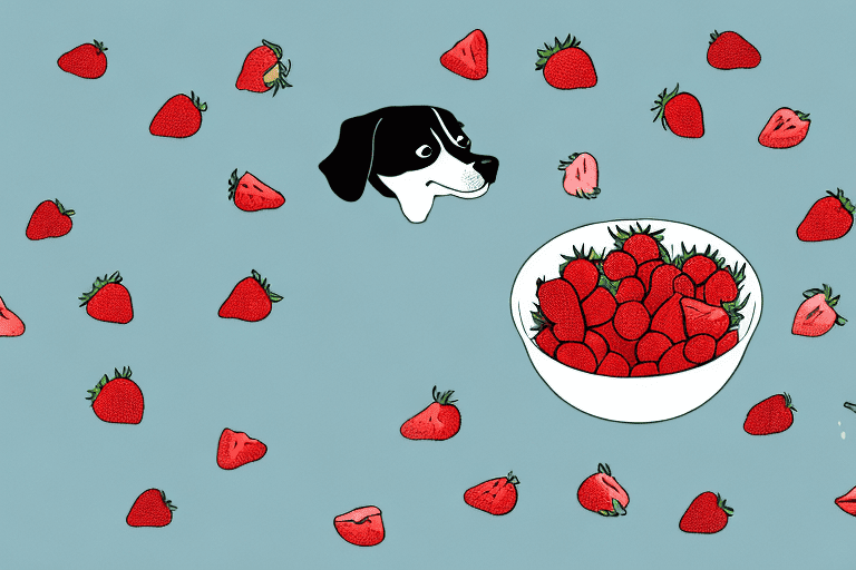 A curious dog looking at a bowl filled with dehydrated strawberries