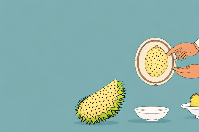 A curious dog sniffing a whole durian fruit