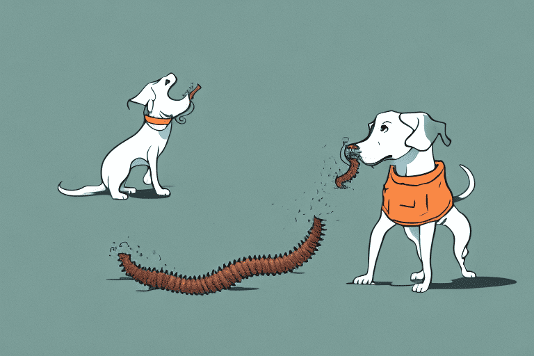 A curious dog sniffing at an earthworm on the ground
