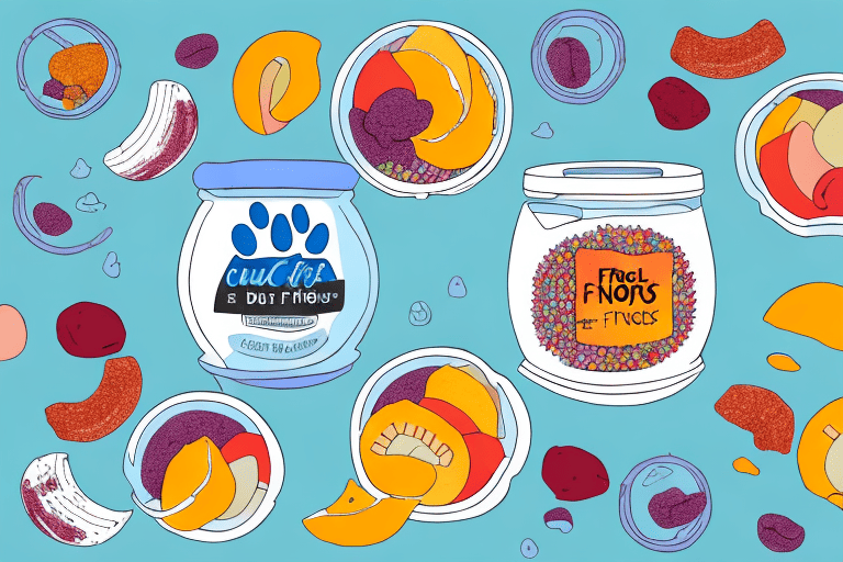 A curious dog sniffing a bowl full of various types of colorful freeze-dried fruits