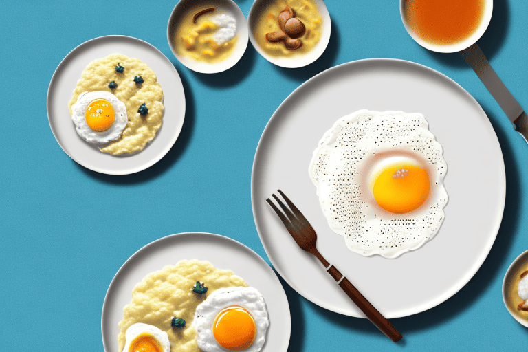 A dog sitting at a table with a plate of grits and eggs in front of it
