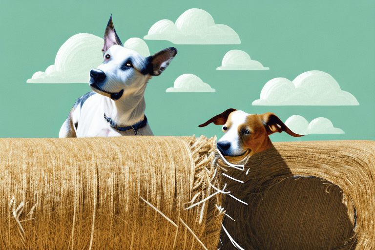 A curious dog sniffing a bale of hay in a farm setting