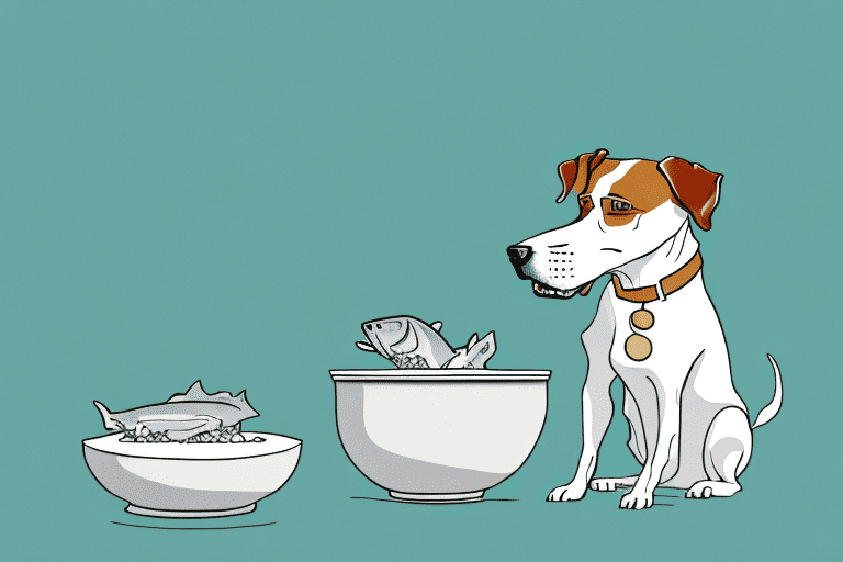 A curious dog sitting next to a bowl filled with herring