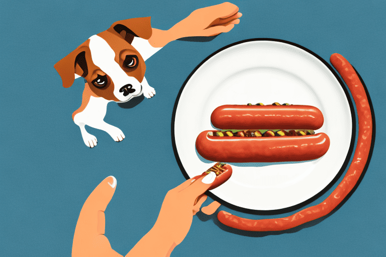 A curious dog sitting in front of a plate with kielbasa on it