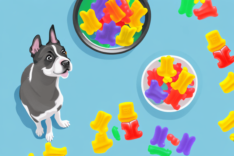 A curious dog looking at a bowl of lifesaver gummies placed on a table