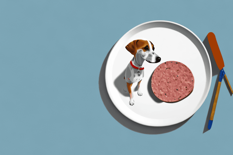 A curious dog sitting next to a plate of liverwurst