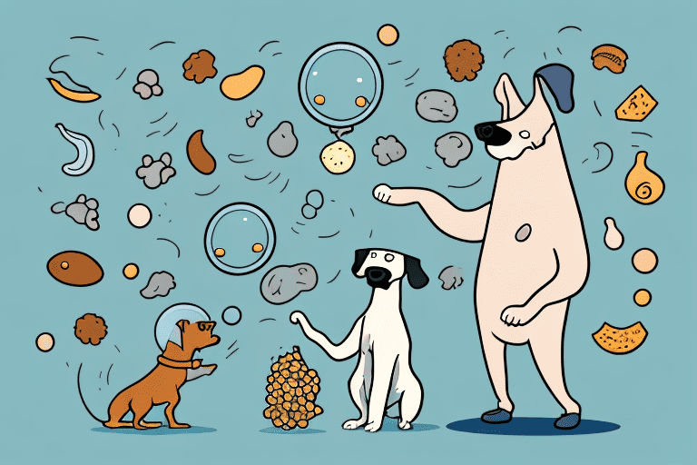 A curious dog looking at a tiny mole with a thought bubble filled with various foods