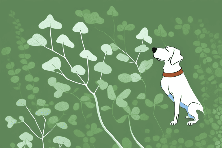 A curious dog sniffing at a moringa plant