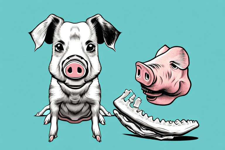 A curious dog sitting in front of a pig foot bone