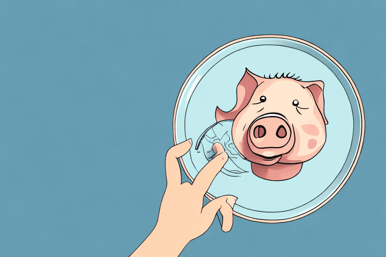 A curious dog looking at a pig's foot placed on a plate