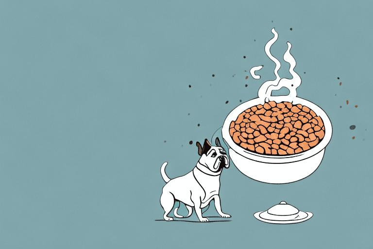 A dog curiously sniffing a bowl filled with cooked pinto beans