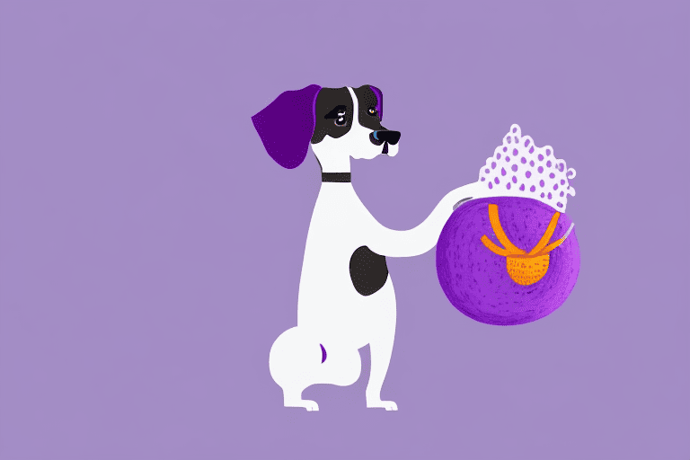 A dog curiously sniffing a purple yam placed on a pet-friendly dish