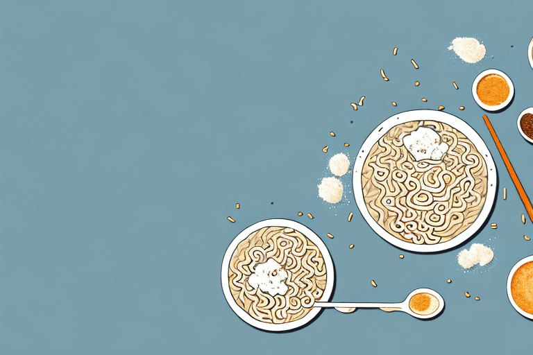 A curious dog sitting next to a bowl of ramen noodles with various seasonings scattered around