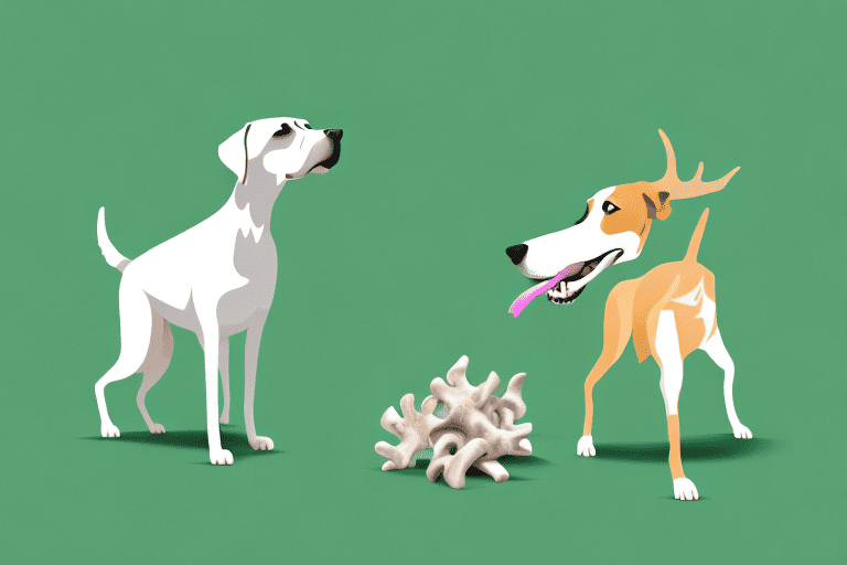 A dog curiously sniffing at a raw deer bone placed on a grassy background