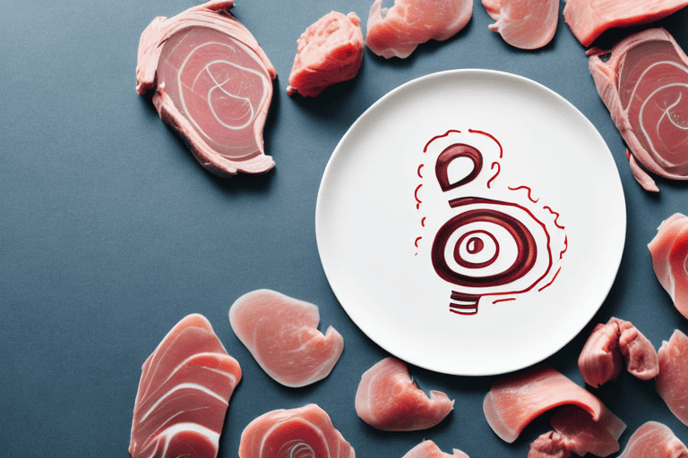 A curious dog looking at a plate of raw turkey giblets with a question mark above its head