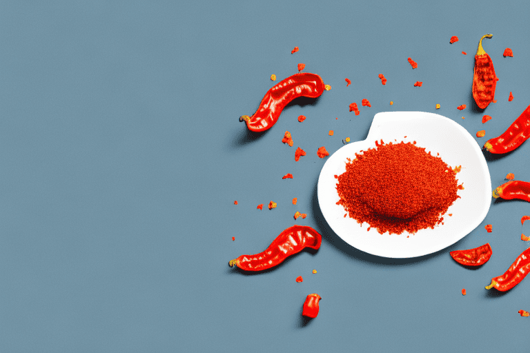 A curious dog sniffing a small pile of red pepper flakes on a dish