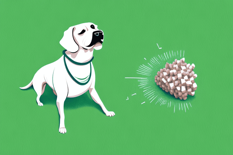 A dog curiously sniffing at a raw venison bone placed on a grassy ground