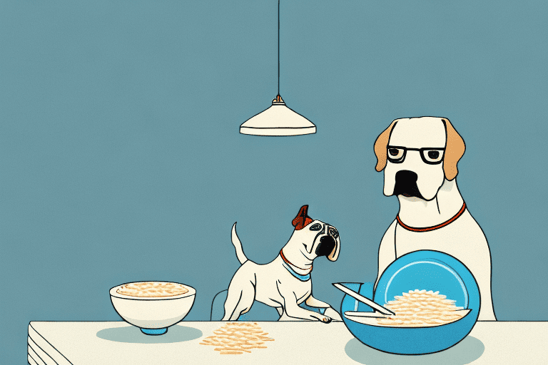 A dog sitting at a table with a bowl filled with rice and eggs