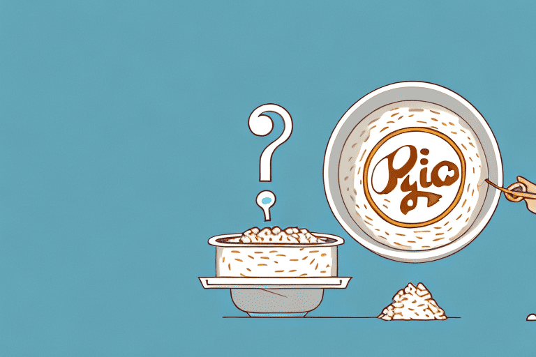 A curious dog sitting in front of a bowl of rice pudding