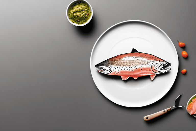 A curious dog looking at a plate of cooked steelhead trout on a table