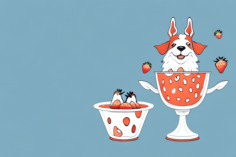 A curious dog sitting next to a bowl of strawberry yoplait yogurt