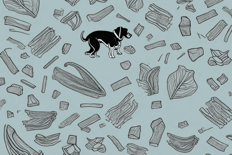 A curious dog sniffing a bunch of swiss chard on a kitchen countertop