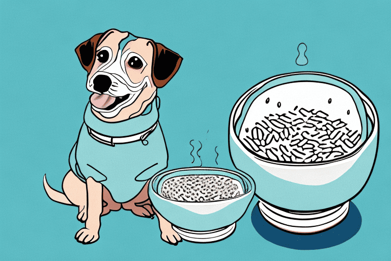 A curious dog sitting next to a bowl filled with tuna and rice