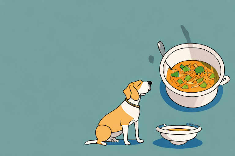 A curious dog sitting by a bowl of vegetable soup